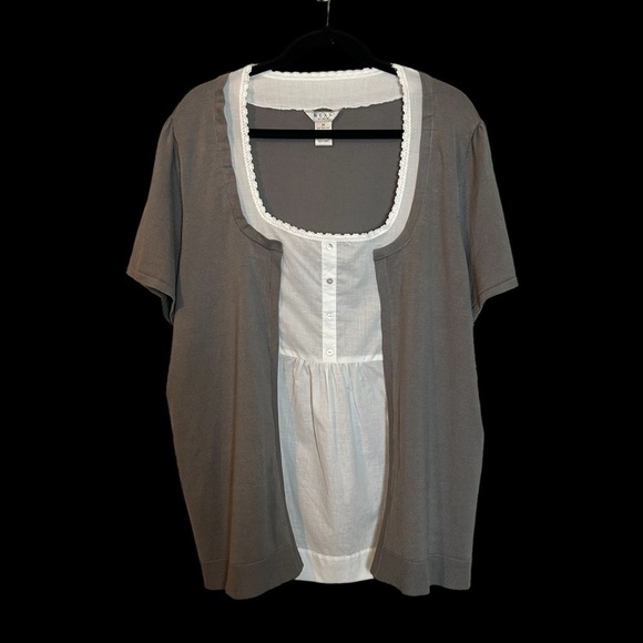 NEXX Woman Knit 75% Silk 25%Nylon 100% Woven Cotton London Fog Gray & White Top - Picture 8 of 15